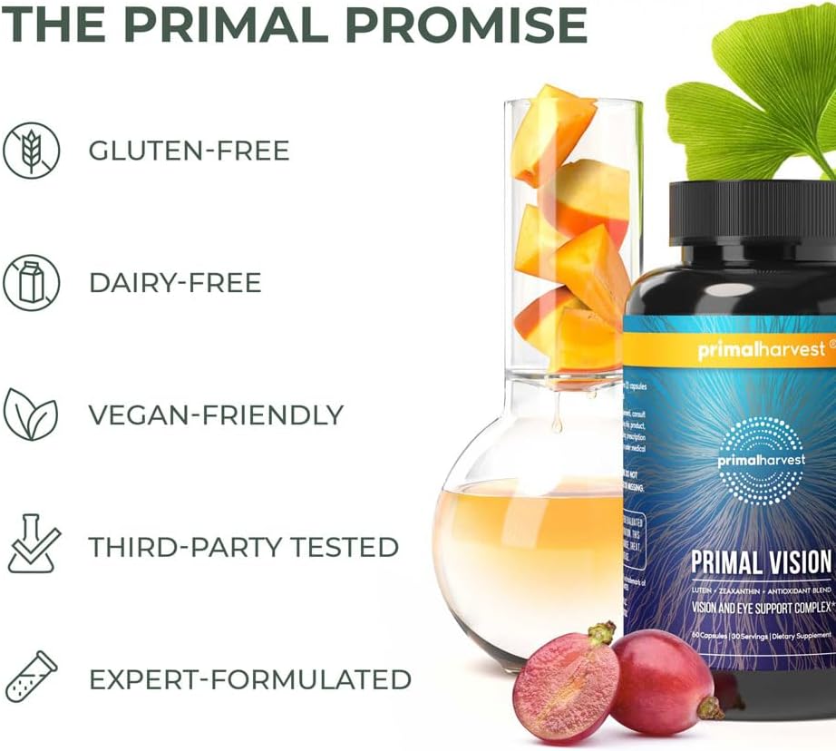 Primal Harvest Visión primordial con luteína, zeaxantina, vitamina A y zinc para la salud ocular, soporte de luz azul y claridad visual