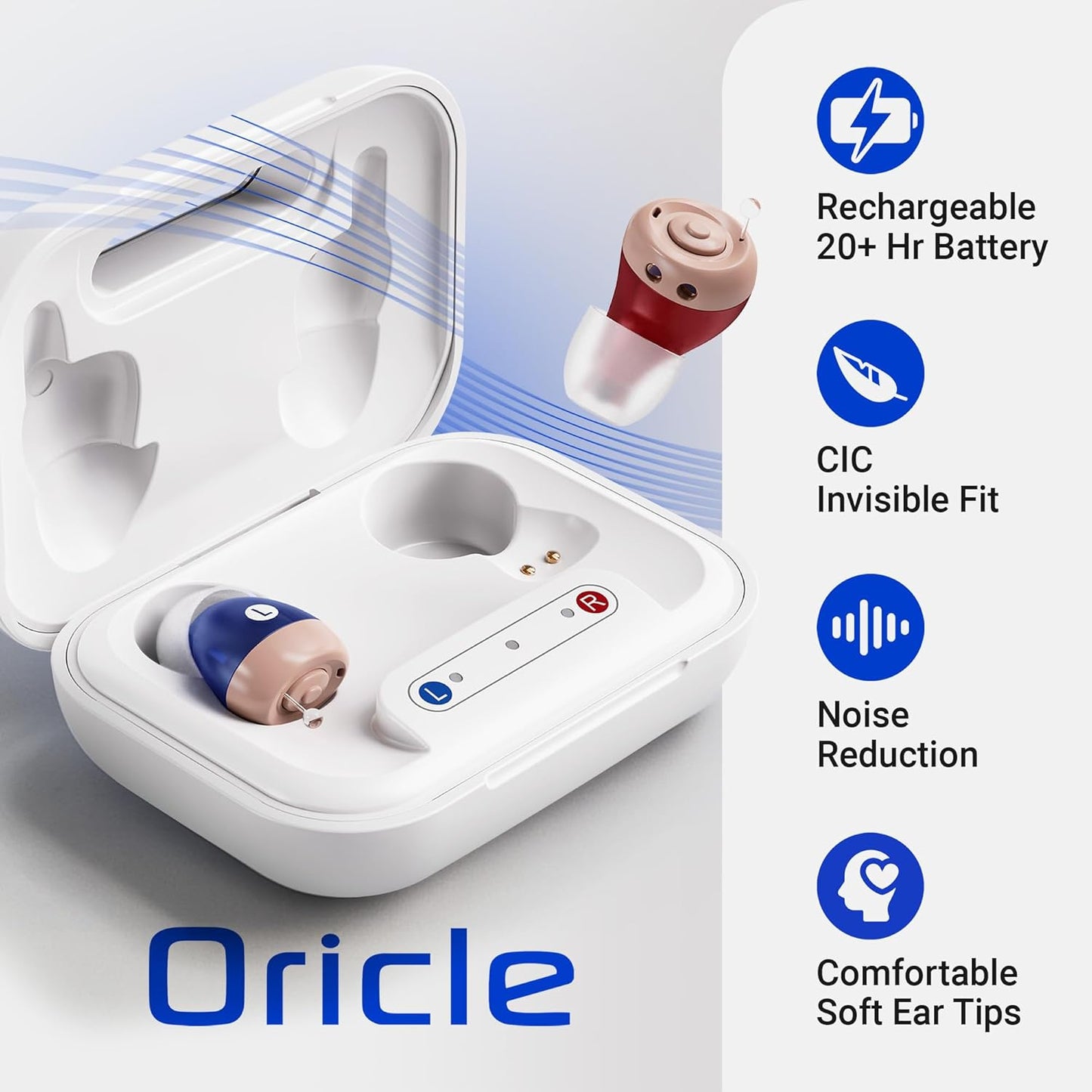 Oricle Standard 2.0 - Audífonos para personas mayores con cancelación avanzada de ruido - Control de volumen fácil con estuche de carga portátil