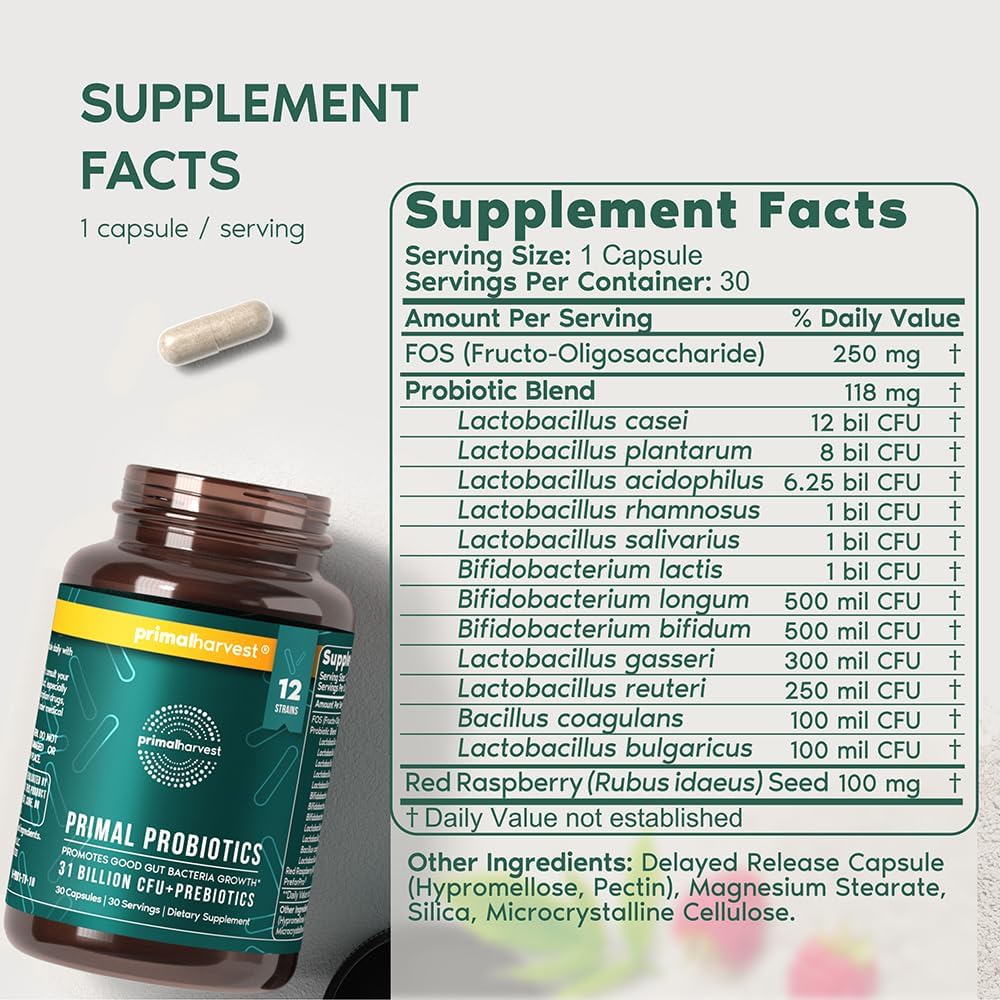 Primal Harvest Probióticos para mujeres y hombres, suplemento probiótico diario con 12 cepas para la salud intestinal y digestiva, 30 cápsulas