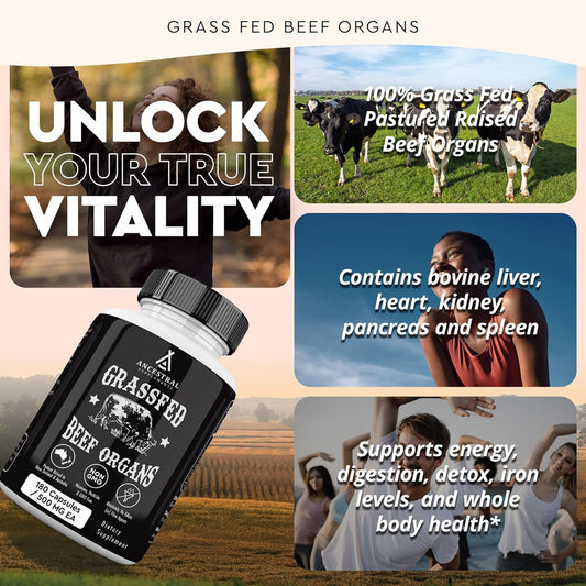 Ancestral Supplements Suplemento de órgano de res alimentado con pasto, apoya el bienestar de todo el cuerpo con una mezcla patentada de hígado, corazón, riñón, páncreas, bazo, carne de res liofilizada, sin OMG, 180 cápsulas