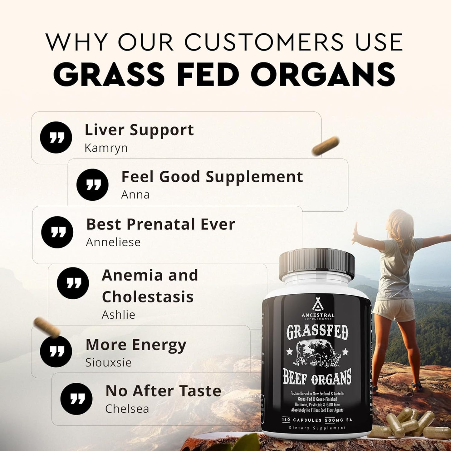 Ancestral Supplements Suplemento de órgano de res alimentado con pasto, apoya el bienestar de todo el cuerpo con una mezcla patentada de hígado, corazón, riñón, páncreas, bazo, carne de res liofilizada, sin OMG, 180 cápsulas