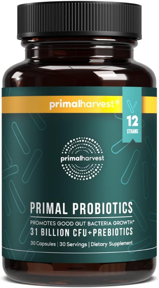 Primal Harvest Probióticos para mujeres y hombres, suplemento probiótico diario con 12 cepas para la salud intestinal y digestiva, 30 cápsulas