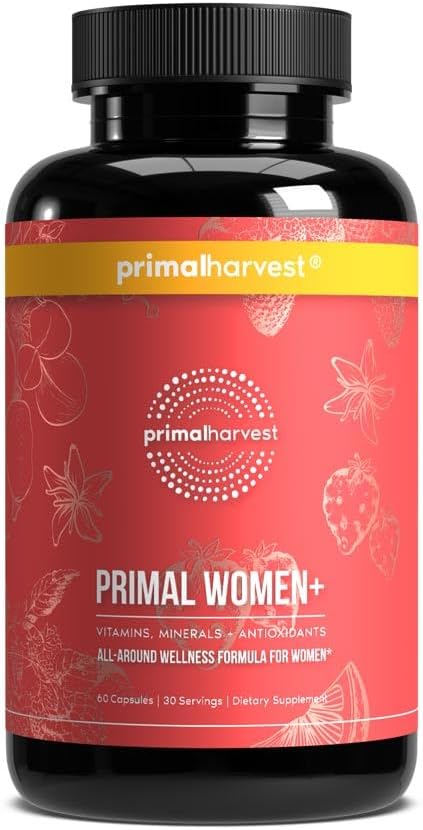 Primal Harvest Women+, Multivitamin para mujer con vitamina A, vitamina C, vitamina D y E, vitamina B12, B6, biotina, suplementos de zinc, 1 paquete de 60 cápsulas