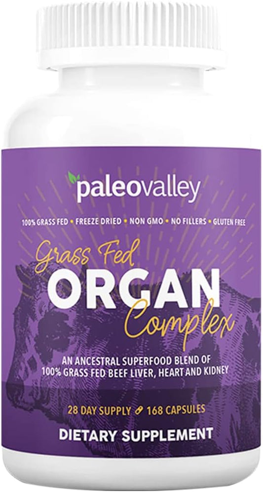 Paleovalley Complejo de órganos de carne de res alimentada con pasto, mezcla de hígado, corazón y riñón liofilizados, 1 botella