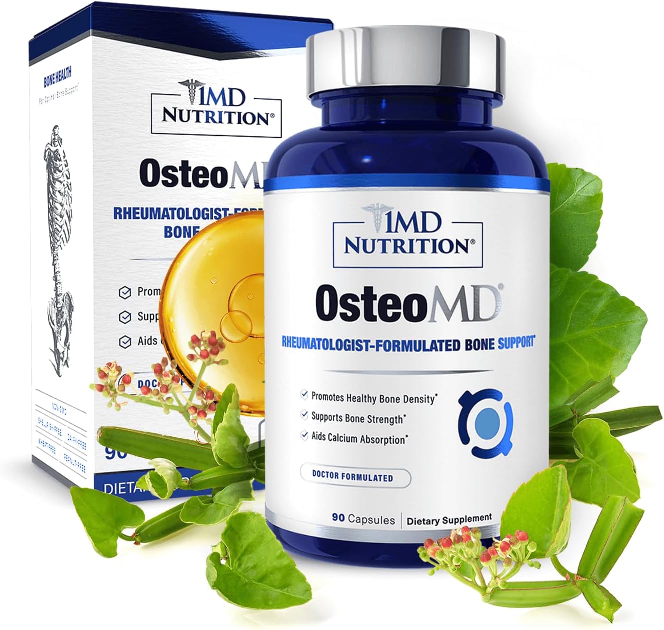 1MD OsteoMD para apoyo integral óseo | con hidroxiapatita de calcio, vitamina D3 y K2 | 90 cápsulas