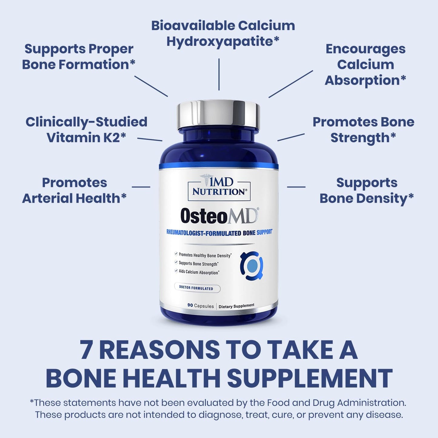 1MD OsteoMD para apoyo integral óseo | con hidroxiapatita de calcio, vitamina D3 y K2 | 90 cápsulas