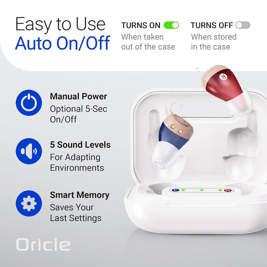Oricle Standard 2.0 - Audífonos para personas mayores con cancelación avanzada de ruido - Control de volumen fácil con estuche de carga portátil