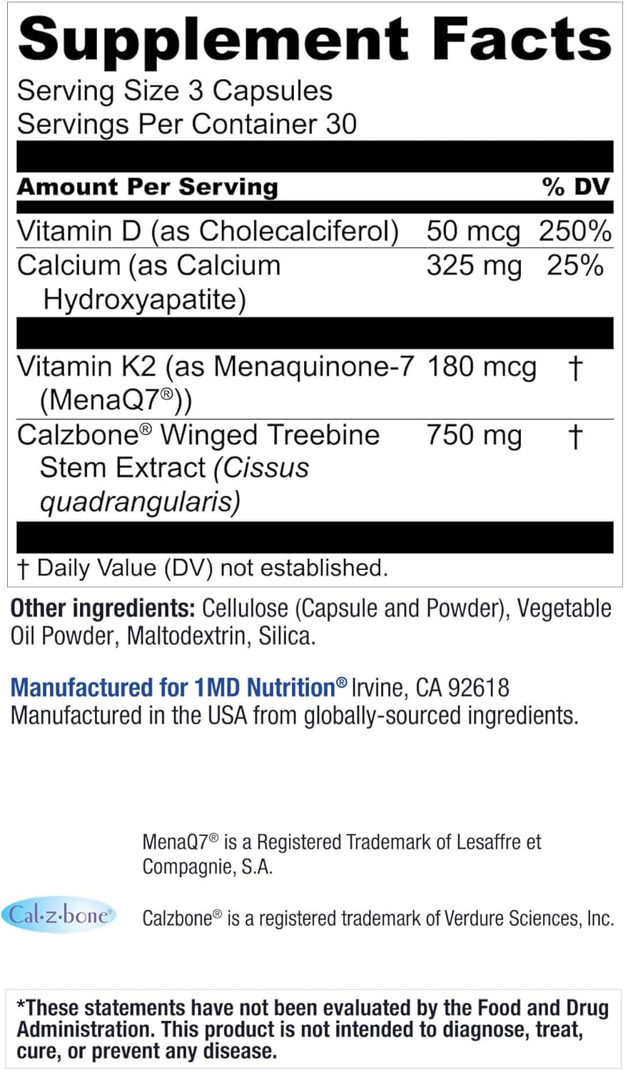 1MD OsteoMD para apoyo integral óseo | con hidroxiapatita de calcio, vitamina D3 y K2 | 90 cápsulas
