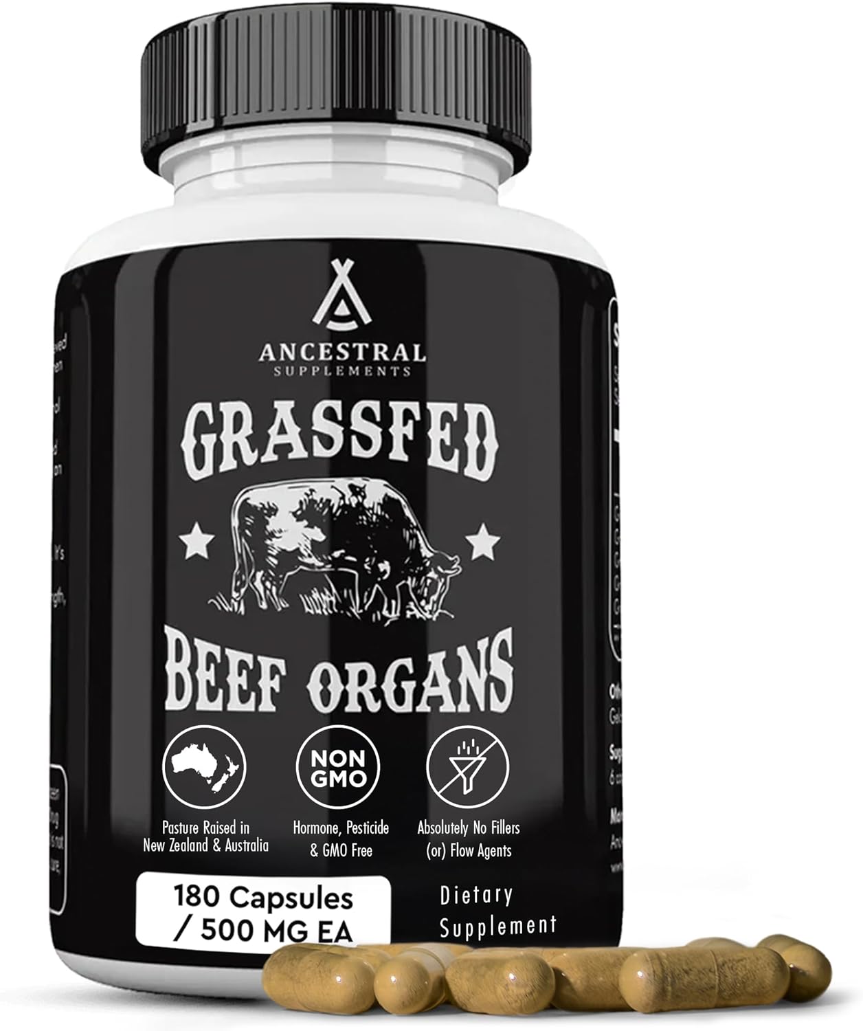 Ancestral Supplements Suplemento de órgano de res alimentado con pasto, apoya el bienestar de todo el cuerpo con una mezcla patentada de hígado, corazón, riñón, páncreas, bazo, carne de res liofilizada, sin OMG, 180 cápsulas