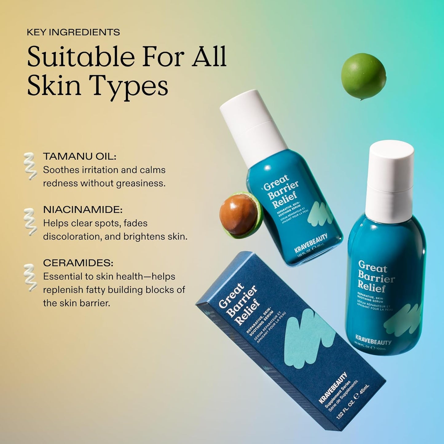KraveBeauty Great Barrier Relief Serum - Suero reparador de barrera inspirado en Corea, aceite de tamanu, alivia el enrojecimiento e hidrata, vegano y libre de crueldad, 1.52 onzas líquidas