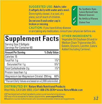 Nature Made Softgels citrato de magnesio 250 mg, 120 cuentas para soporte de nutrición (los envases pueden variar)