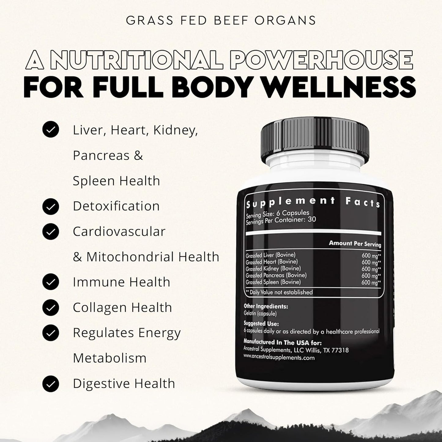 Ancestral Supplements Suplemento de órgano de res alimentado con pasto, apoya el bienestar de todo el cuerpo con una mezcla patentada de hígado, corazón, riñón, páncreas, bazo, carne de res liofilizada, sin OMG, 180 cápsulas