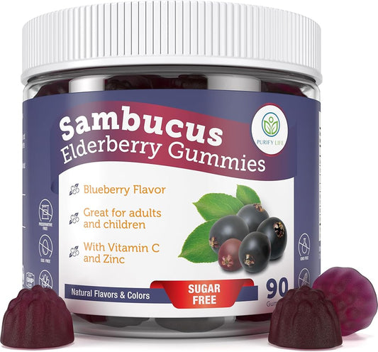 Gomitas de sambucus o saúco sin azúcar con vitamina C y zinc para adultos y niños. Suplemento para el sistema inmunitario y la salud respiratoria. Gomitas antioxidantes de saúco Sambucus - Veganas, 90 unidades.