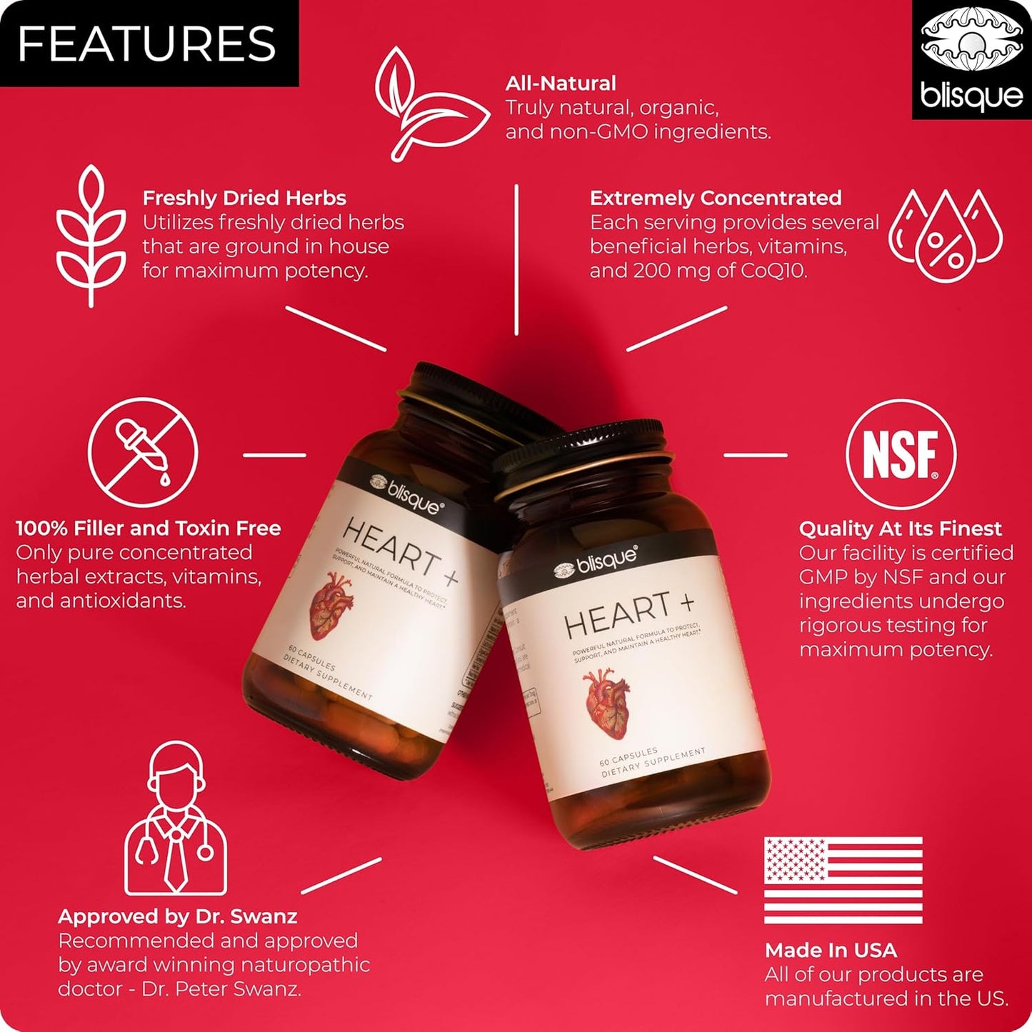 Blisque Corazón +proporciona apoyo a la presión arterial al mejorar el flujo sanguíneo y mejorar la salud de los vasos sanguíneos, dejándote fresco y energizado.