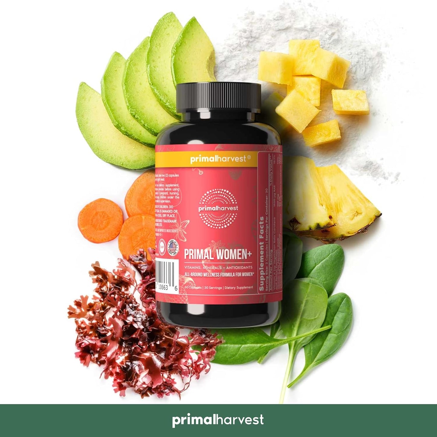 Primal Harvest Women+, Multivitamin para mujer con vitamina A, vitamina C, vitamina D y E, vitamina B12, B6, biotina, suplementos de zinc, 1 paquete de 60 cápsulas