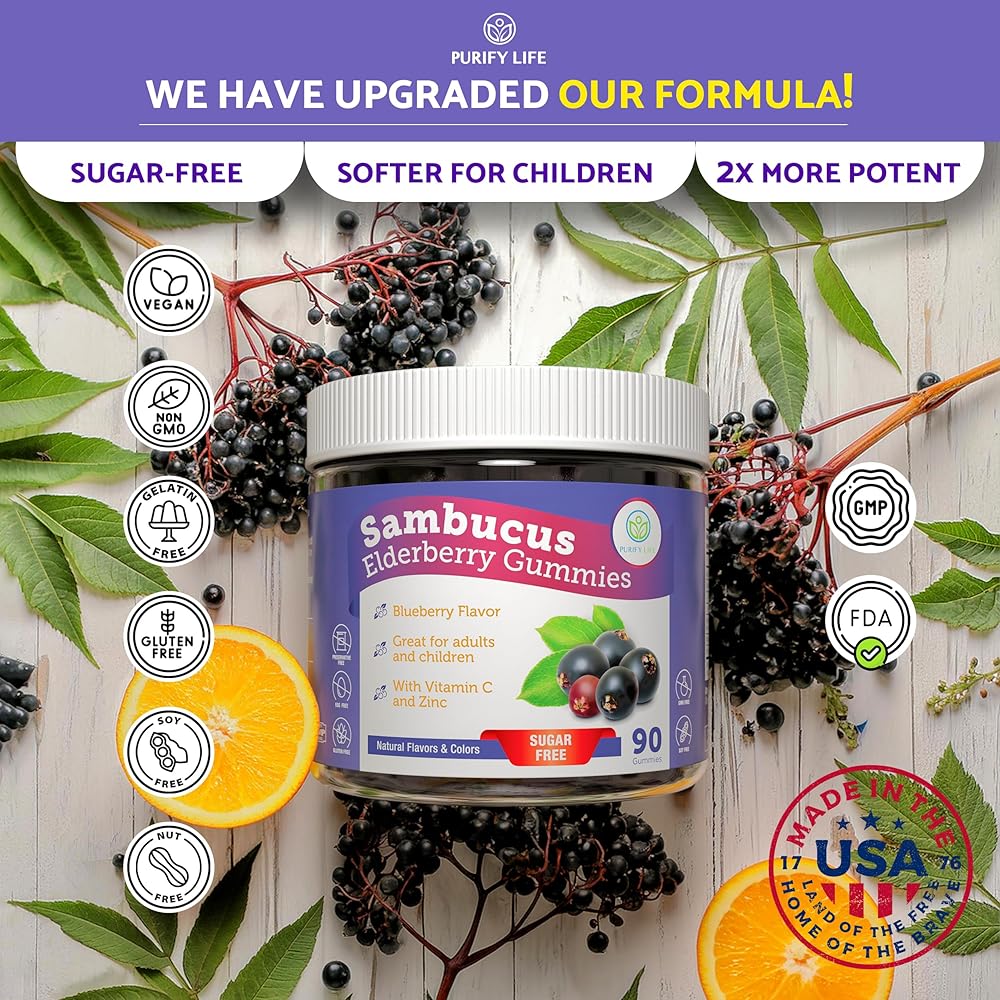 Gomitas de sambucus o saúco sin azúcar con vitamina C y zinc para adultos y niños. Suplemento para el sistema inmunitario y la salud respiratoria. Gomitas antioxidantes de saúco Sambucus - Veganas, 90 unidades.