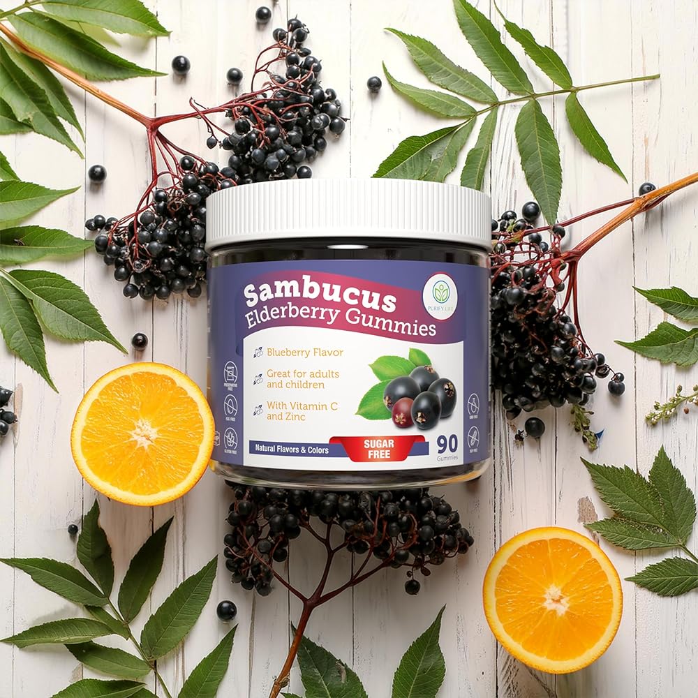 Gomitas de sambucus o saúco sin azúcar con vitamina C y zinc para adultos y niños. Suplemento para el sistema inmunitario y la salud respiratoria. Gomitas antioxidantes de saúco Sambucus - Veganas, 90 unidades.