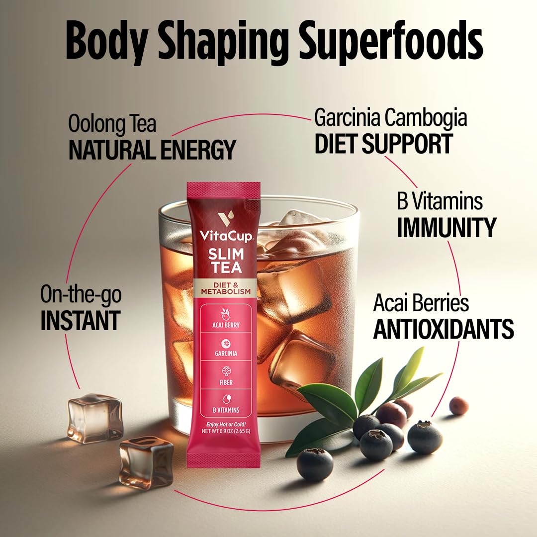 VitaCup Paquetes de té instantáneo delgados para apoyo dietético, té Oolong con vitaminas B, garcinia, inulina y acai, palitos instantáneos para llevar, 24...