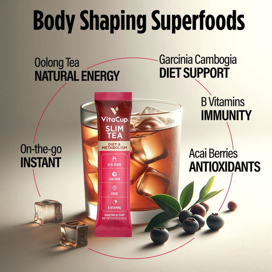 VitaCup Paquetes de té instantáneo delgados para apoyo dietético, té Oolong con vitaminas B, garcinia, inulina y acai, palitos instantáneos para llevar, 24...