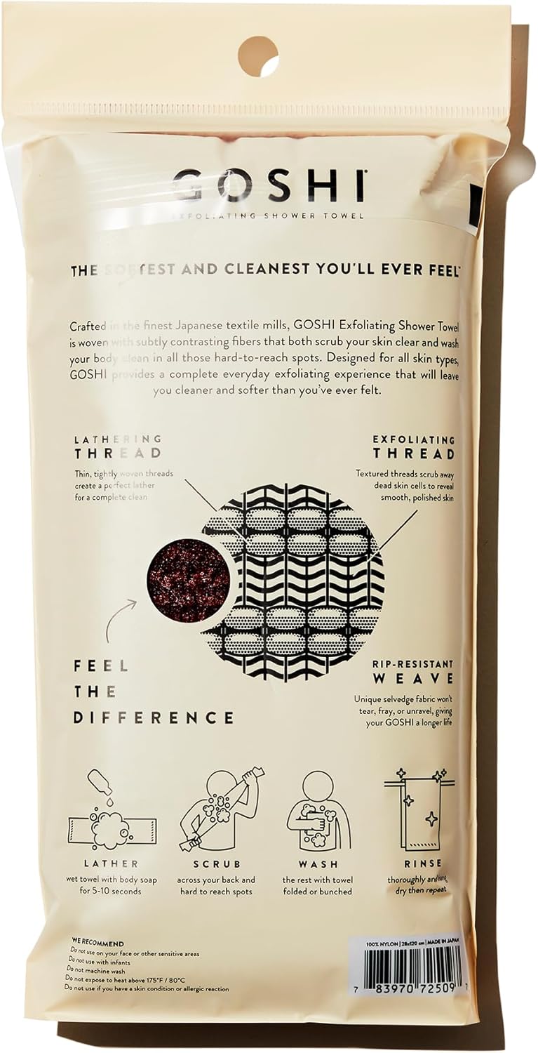 GOSHI Toalla de ducha exfoliante – Toalla exfoliante resistente a desgarros para todo tipo de piel – rojo ladrillo – fabricada en Japón