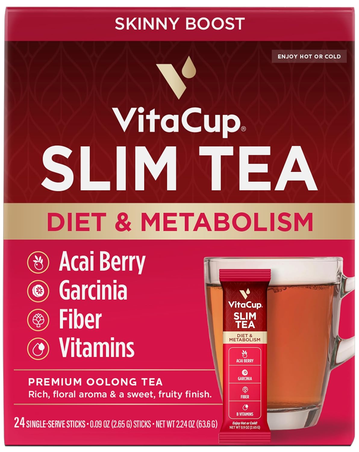 VitaCup Paquetes de té instantáneo delgados para apoyo dietético, té Oolong con vitaminas B, garcinia, inulina y acai, palitos instantáneos para llevar, 24...